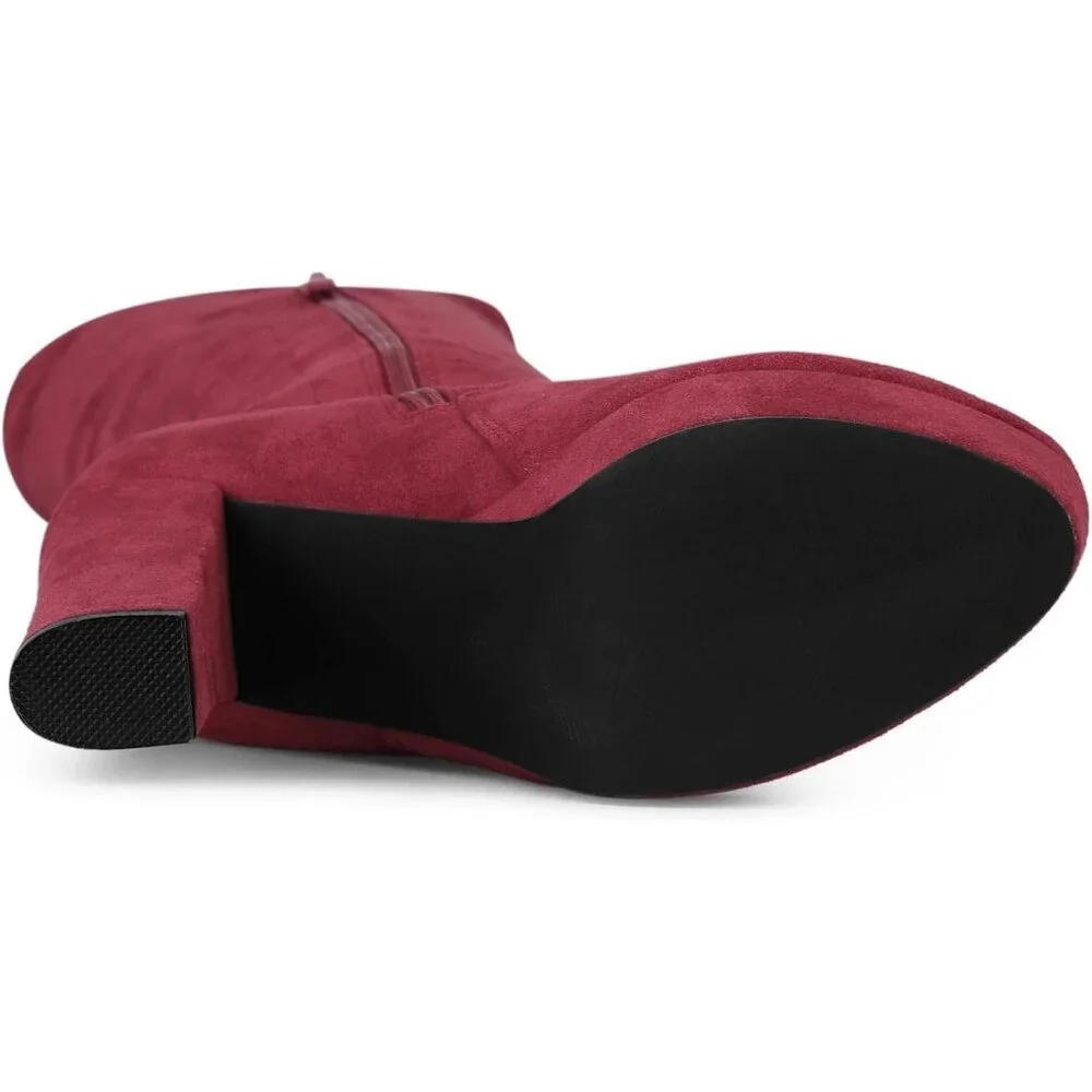 Women Burgundy Suede Chunky Heel Rounded Toe Over the Knee Thigh High Long Boots